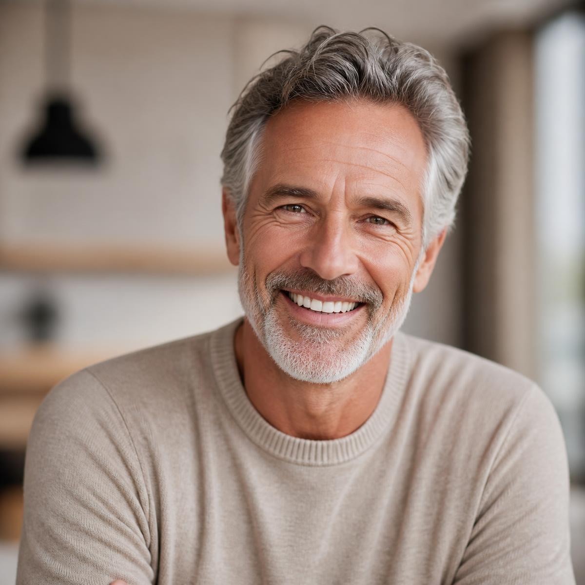 Confident man over 50 smiling with healthy teeth and gums